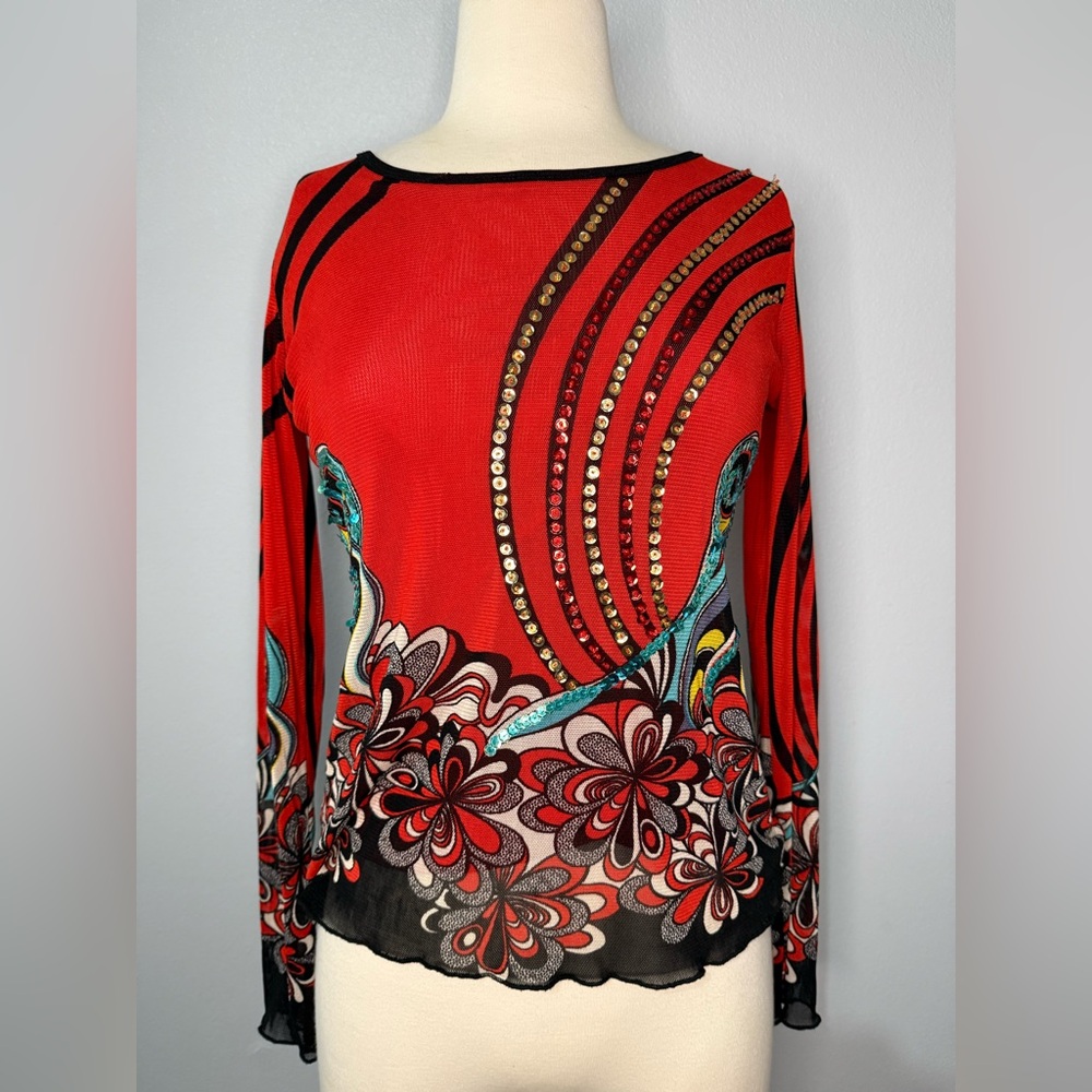 Red Sequin Mesh Long Sleeve Top